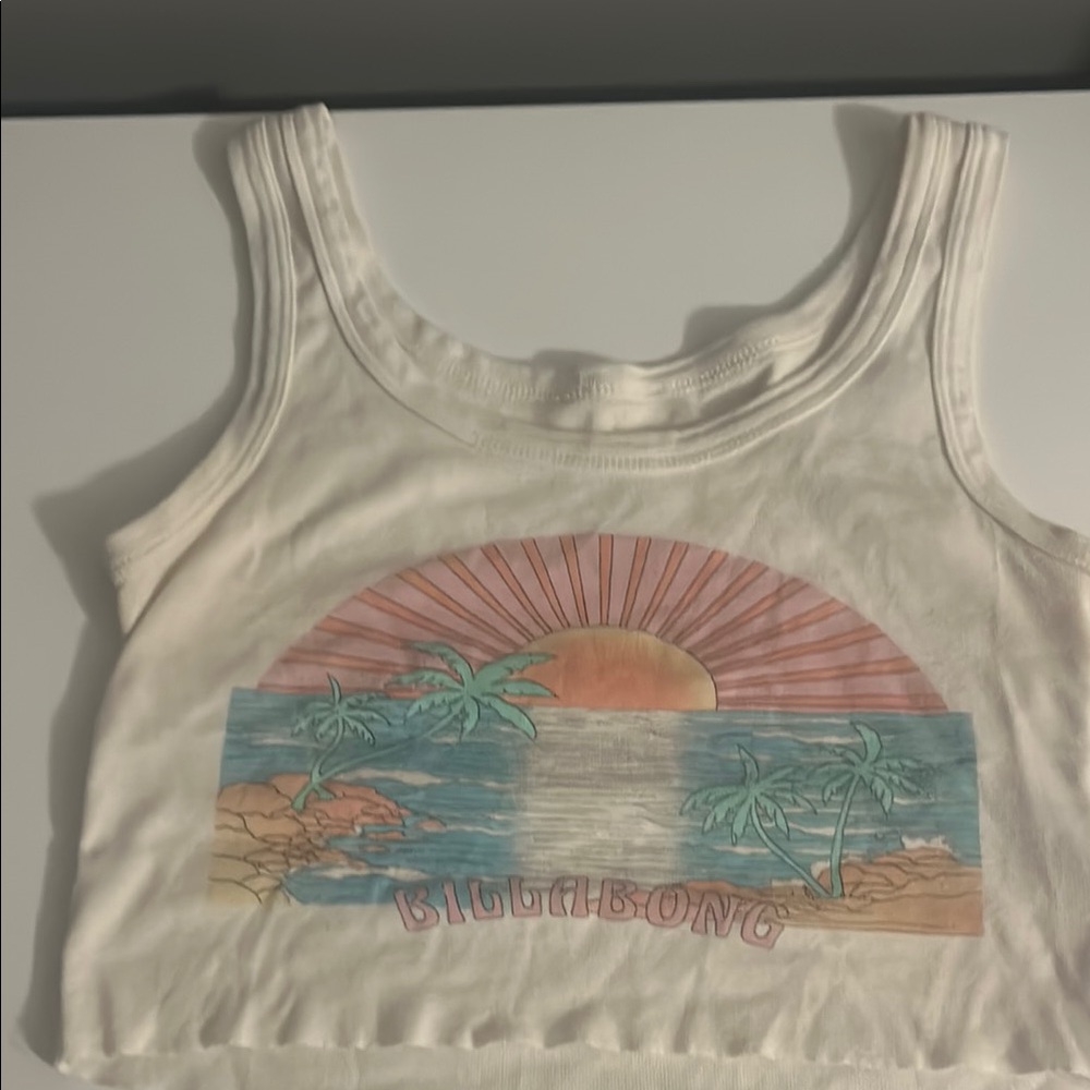 Billabong White Crop Top with Tropical Sunset Design